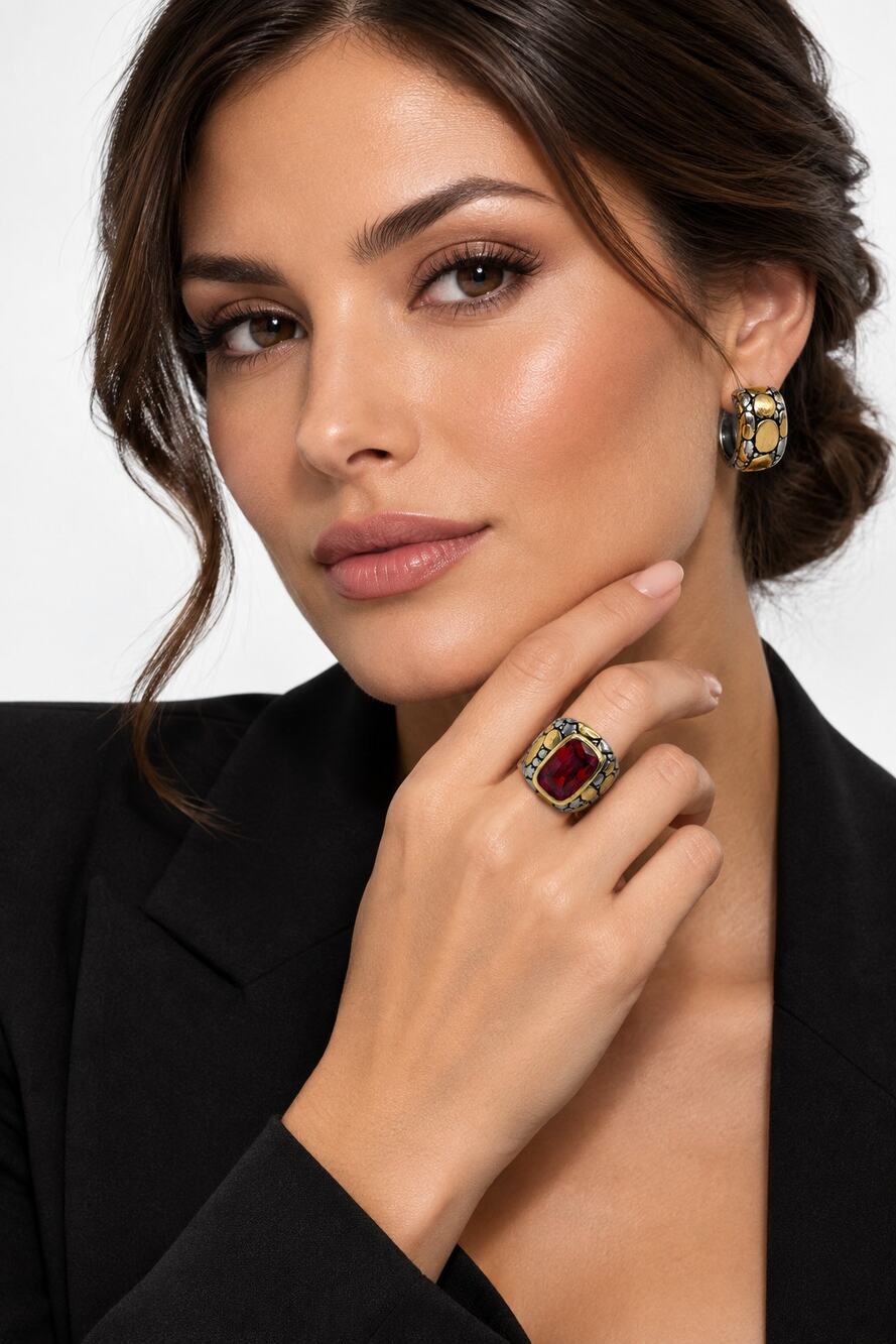 Unisex 2 Tone Rhodium Gold and Silver Fashion Ring Red Size 6